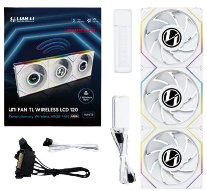 LIAN LI Wentylator Lian Li UNI FAN TL Wireless LCD Lüfter, ARGB, PWM, 3er-Pack inkl. Controller - Reverse Blade, 120 mm, weiß