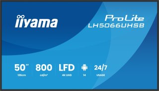 IIYAMA Iiyama LH5066UHSB-B1AG signage display Płaski panel Digital Signage 127 cm (50") LCD Wi-Fi 800 cd/m2 4K Ultra HD Czarny Procesor