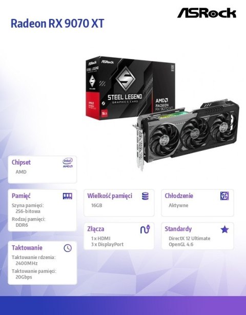 ASRock Karta graficzna Radeon RX 9070 XT STEEL LEGEND DARK 16GB GDDR6 256bit 3DP/HDMI