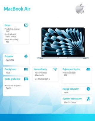 Apple MacBook Air 13.6 cala: M5 10/10, 16GB, 1TB SSD, bez zasilacza - Błękitny