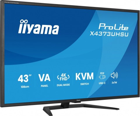 IIYAMA Monitor 43 cale X4373UHSU-B2 4K,VA,2xHDMI,DP,USBCdock (PD95W), 4000:1, USB HUB x4 (2x Type-A, 2x Type-C), KVM, 2 x 7W,450 