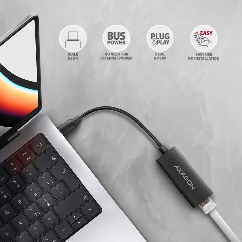 AXAGON ADE-ARC Karta sieciowa USB-C 5Gbps, port RJ-45 1Gbps, chipset Realtek RTL8153, automatyczna instalacja, Wake-on-LAN, kabel 15 cm