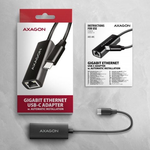 AXAGON ADE-ARC Karta sieciowa USB-C 5Gbps, port RJ-45 1Gbps, chipset Realtek RTL8153, automatyczna instalacja, Wake-on-LAN, kabel 15 cm