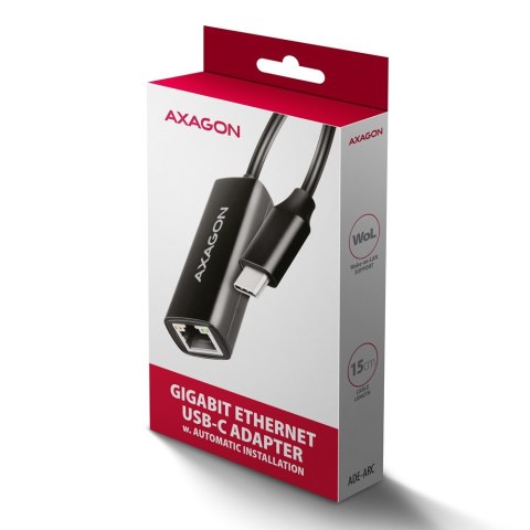 AXAGON ADE-ARC Karta sieciowa USB-C 5Gbps, port RJ-45 1Gbps, chipset Realtek RTL8153, automatyczna instalacja, Wake-on-LAN, kabel 15 cm