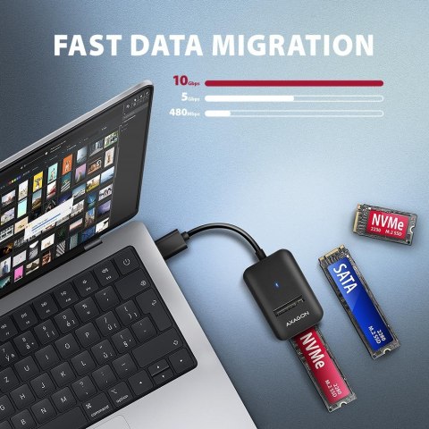 AXAGON ADM2-AM Adapter USB3.2 Gen 2 M.2 NVMe/SATA SSD 10Gbps 10cm USB-A cable