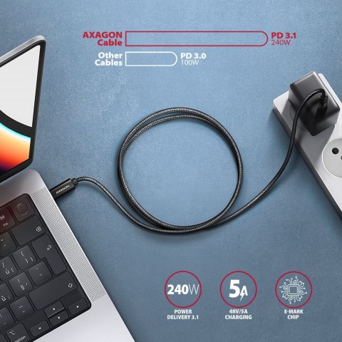 AXAGON BUCM2-CM15AB Kabel USB-C - USB-C, 1.5m 5A charging, ALU, 240W PD, oplot, USB2.0, czarny