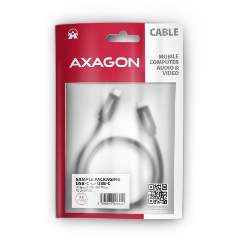 AXAGON BUCM2-CM20AB Kabel USB-C - USB-C, 2.0m 5A charging, ALU, 240W PD, oplot, USB2.0, czarny