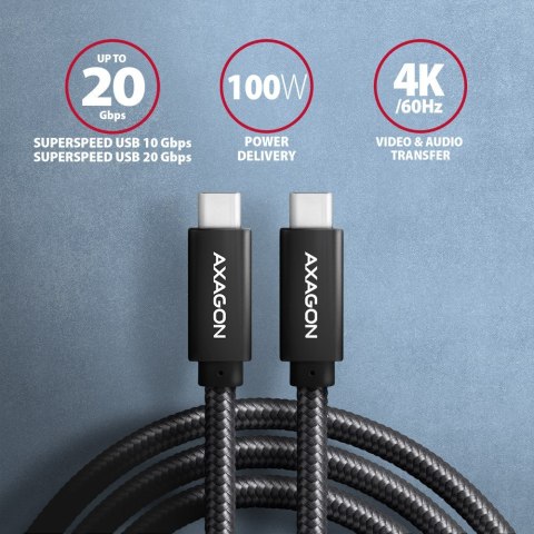 AXAGON BUCM32-CM15AB Kabel USB-C - USB-C 1,5 m, USB 20Gbps, ładowanie PD 100W/PPS/QC4+/AFC, wideo 4K/60Hz, E-Marker, aluminiowe wtyki, 