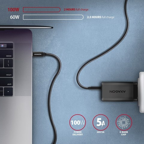 AXAGON BUCM32-CM15AB Kabel USB-C - USB-C 1,5 m, USB 20Gbps, ładowanie PD 100W/PPS/QC4+/AFC, wideo 4K/60Hz, E-Marker, aluminiowe wtyki, 