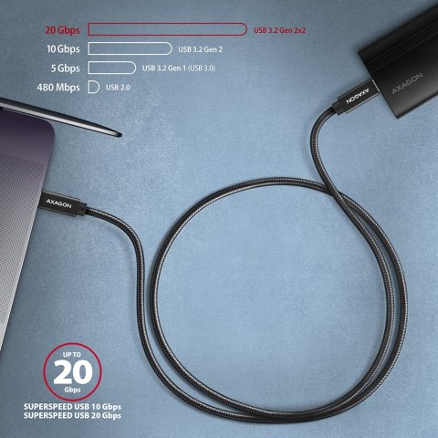 AXAGON BUCM32-CM15AB Kabel USB-C - USB-C 1,5 m, USB 20Gbps, ładowanie PD 100W/PPS/QC4+/AFC, wideo 4K/60Hz, E-Marker, aluminiowe wtyki, 
