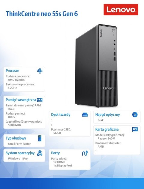 Lenovo Komputer ThinkCentre Neo 55s G6 SFF 13G0001VPB W11Pro 5 220/16GB/512GB/AMD/3YRS OS