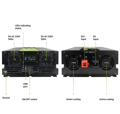 Green Cell Przetwornica LCD 12V 2000W/4000W Czysty sinus z wywietlaczem