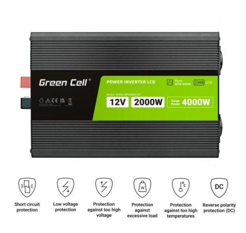Green Cell Przetwornica LCD 12V 2000W/4000W Czysty sinus z wywietlaczem