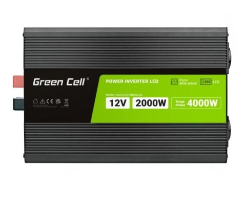 Green Cell Przetwornica LCD 12V 2000W/4000W Czysty sinus z wywietlaczem