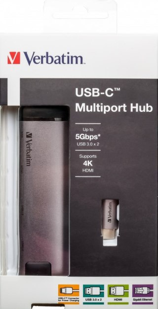 Verbatim Verbatim 49141 stacja dokująca USB 3.2 Gen 1 (3.1 Gen 1) Type-C Czarny, Srebrny