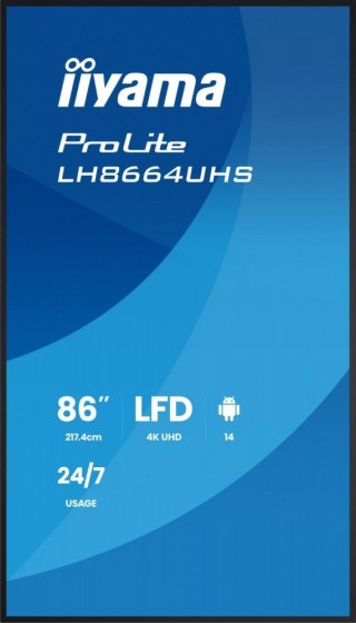 IIYAMA Monitor 86 cali LH8664UHS-B3AG 24/7,IPS,ANDROID 14,4K,2xHDMI,RJ45, 2xUSB,WiF,iUSB-C(DP-Alt),2x16W, iiSignage? (CMS), iiContro