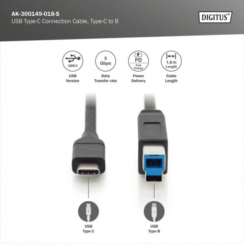 Digitus Kabel połączeniowy USB 3.0 SuperSpeed 5Gbps Typ USB C/B M/M Power Delivery czarny 1.8m