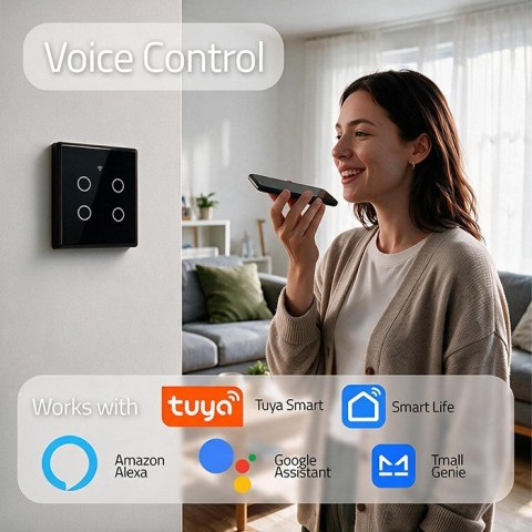 Qoltec Inteligentny dotykowy 4-kanałowy włącznik wyłącznik światła | Wi-Fi | Timer