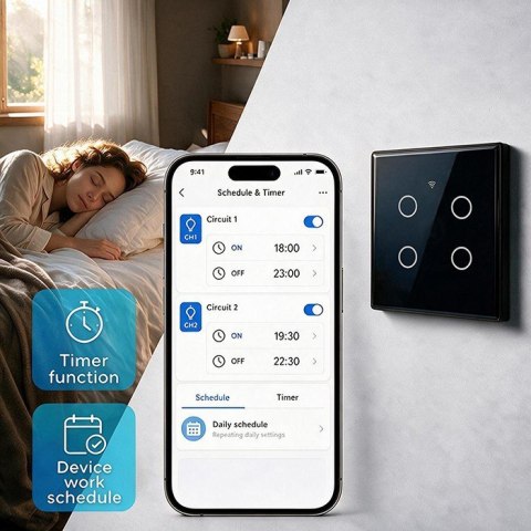 Qoltec Inteligentny dotykowy 4-kanałowy włącznik wyłącznik światła | Wi-Fi | Timer