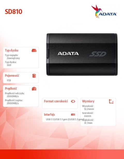 Adata Dysk SSD External SD810 1TB USB3.2C 20Gb/s czarny