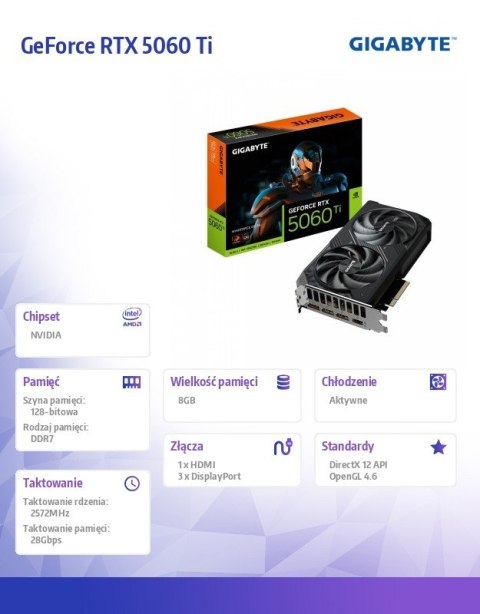 Gigabyte Karta graficzna GeForce RTX 5060 Ti WINDFORCE OC 8G 128BIT GDDR7 HDMI/3DP