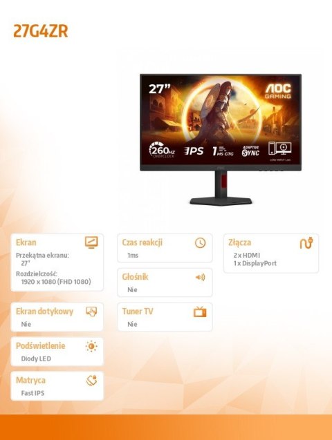 AOC Monitor 27 cali 27G4ZR Fast IPS 240Hz HDMIx2 DP Pivot