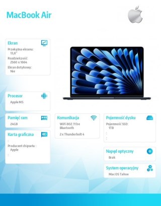 Apple MacBook Air 13.6 cala: M5 10/10, 24GB, 1TB SSD, bez zasilacza - Północ