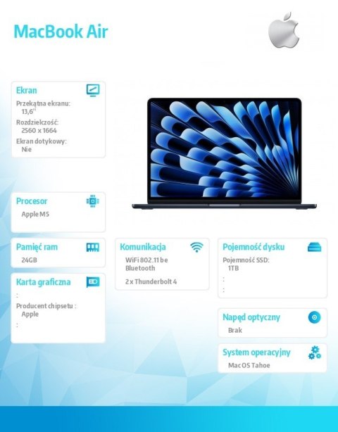 Apple MacBook Air 13.6 cala: M5 10/10, 24GB, 1TB SSD, bez zasilacza - Północ