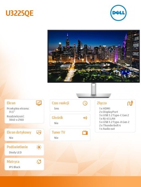 Dell Monitor U3225QE 31,5 cala IPS Black LED 4K(3840x2160)/16:9/Thunderbolt/HDMI/DP/USB-C/USB/RJ-45/3Y