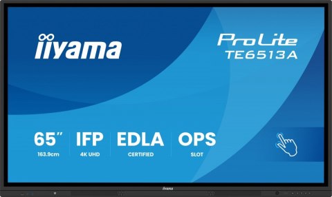 IIYAMA Monitor interaktywny 65 cali TE6513A-B2AG INFRARED,40pkt,IPS,4K,7H,500cd/m2, WiFi,USB, ANDROID 14, Google EDLA,2x20W, UCHWY