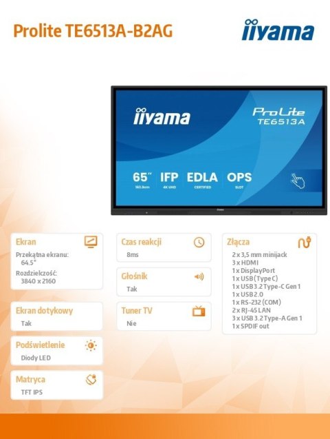 IIYAMA Monitor interaktywny 65 cali TE6513A-B2AG INFRARED,40pkt,IPS,4K,7H,500cd/m2, WiFi,USB, ANDROID 14, Google EDLA,2x20W, UCHWY