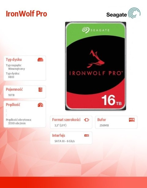 Seagate Dysk IronWolfPro 16TB 3.5'' 256MB ST16000NT001