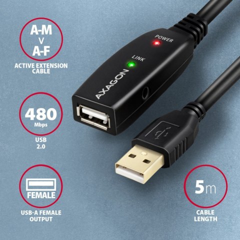AXAGON ADR-205 Przedłużacz aktywny USB-A (wtyk) - USB-A (gniazdo) 5 m, USB 2.0, opcjonalne zasilanie 5V (jack), możliwość łączenia