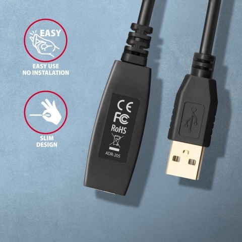 AXAGON ADR-205 Przedłużacz aktywny USB-A (wtyk) - USB-A (gniazdo) 5 m, USB 2.0, opcjonalne zasilanie 5V (jack), możliwość łączenia