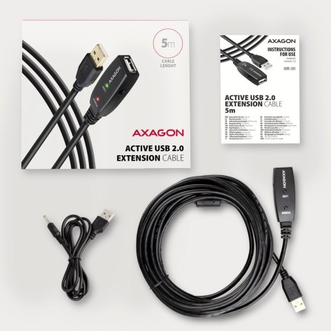 AXAGON ADR-205 Przedłużacz aktywny USB-A (wtyk) - USB-A (gniazdo) 5 m, USB 2.0, opcjonalne zasilanie 5V (jack), możliwość łączenia