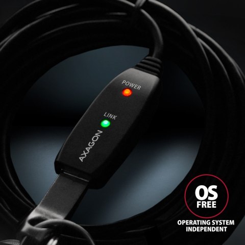 AXAGON ADR-210 Przedłużacz aktywny USB-A (wtyk) - USB-A (gniazdo) 10 m, USB 2.0, opcjonalne zasilanie 5V (jack), możliwość łączenia