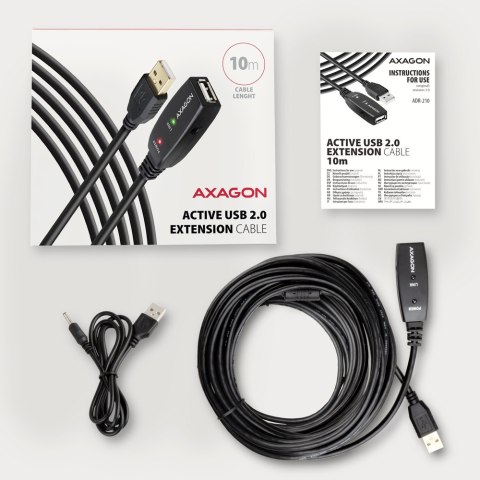 AXAGON ADR-210 Przedłużacz aktywny USB-A (wtyk) - USB-A (gniazdo) 10 m, USB 2.0, opcjonalne zasilanie 5V (jack), możliwość łączenia