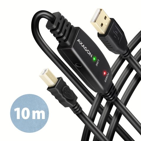 AXAGON ADR-210B Kabel aktywny USB-A - USB-B 10 m, USB 2.0, do drukarek i skanerów, opcjonalne zasilanie 5V (jack), możliwość łączenia