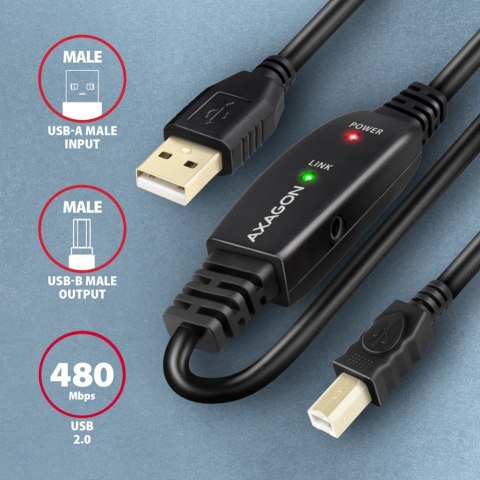 AXAGON ADR-210B Kabel aktywny USB-A - USB-B 10 m, USB 2.0, do drukarek i skanerów, opcjonalne zasilanie 5V (jack), możliwość łączenia