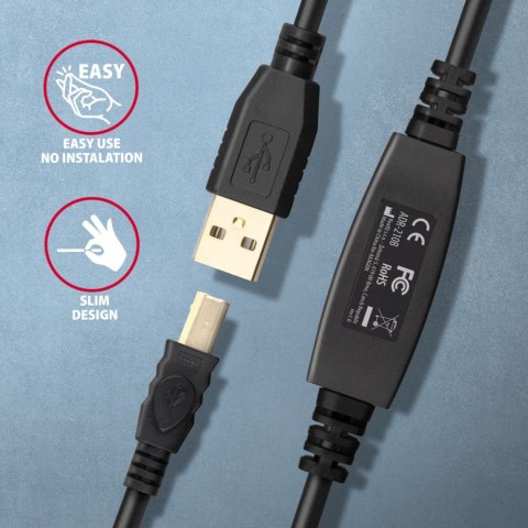 AXAGON ADR-210B Kabel aktywny USB-A - USB-B 10 m, USB 2.0, do drukarek i skanerów, opcjonalne zasilanie 5V (jack), możliwość łączenia