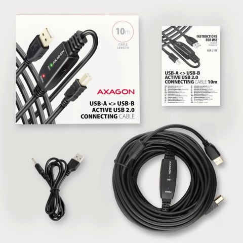 AXAGON ADR-210B Kabel aktywny USB-A - USB-B 10 m, USB 2.0, do drukarek i skanerów, opcjonalne zasilanie 5V (jack), możliwość łączenia