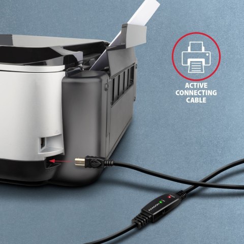 AXAGON ADR-215B Kabel aktywny USB-A - USB-B 15 m, USB 2.0, do drukarek i skanerów, opcjonalne zasilanie 5V (jack), możliwość łączenia