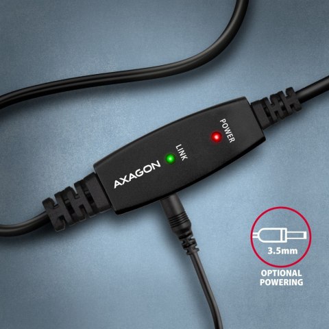 AXAGON ADR-215B Kabel aktywny USB-A - USB-B 15 m, USB 2.0, do drukarek i skanerów, opcjonalne zasilanie 5V (jack), możliwość łączenia