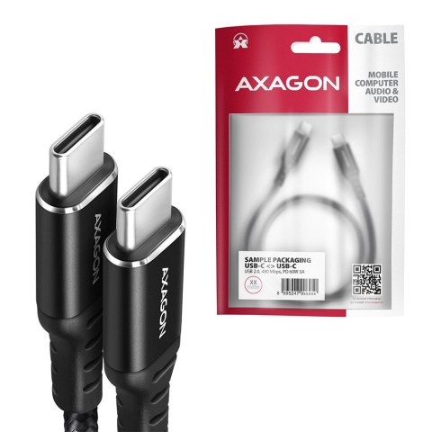AXAGON BUCM-CM15AB Kabel USB-C - USB-C 1,5 m, USB 2.0, ładowanie PD 60W/QC4+/AFC/FCP, aluminiowe wtyki, w oplocie, czarny