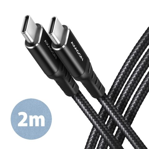 AXAGON BUCM-CM20AB Kabel USB-C - USB-C 2 m, USB 2.0, ładowanie PD 60W/QC4+/AFC/FCP, aluminiowe wtyki, w oplocie, czarny