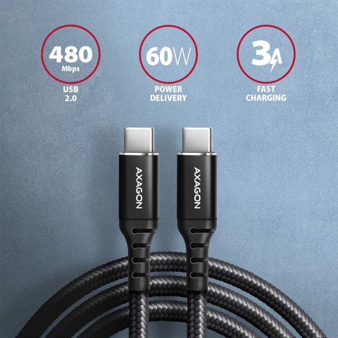 AXAGON BUCM-CM20AB Kabel USB-C - USB-C 2 m, USB 2.0, ładowanie PD 60W/QC4+/AFC/FCP, aluminiowe wtyki, w oplocie, czarny