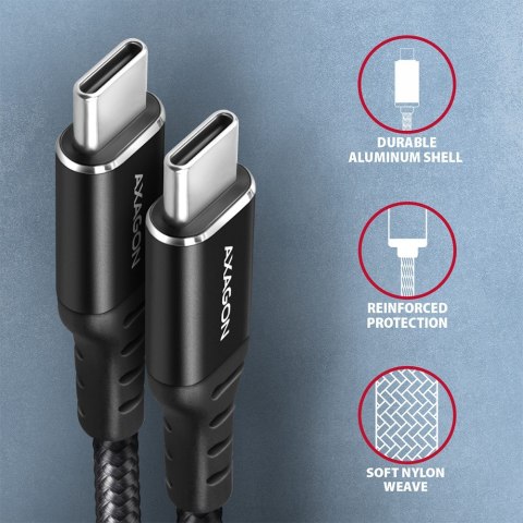 AXAGON BUCM-CM20AB Kabel USB-C - USB-C 2 m, USB 2.0, ładowanie PD 60W/QC4+/AFC/FCP, aluminiowe wtyki, w oplocie, czarny
