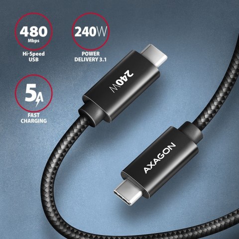 AXAGON BUCM2-CM10AB Kabel USB-C - USB-C 1 m, USB 2.0, ładowanie PD 240W/PPS/QC4+/AFC/FCP, E-Marker, aluminiowe wtyki, w oplocie, czarny