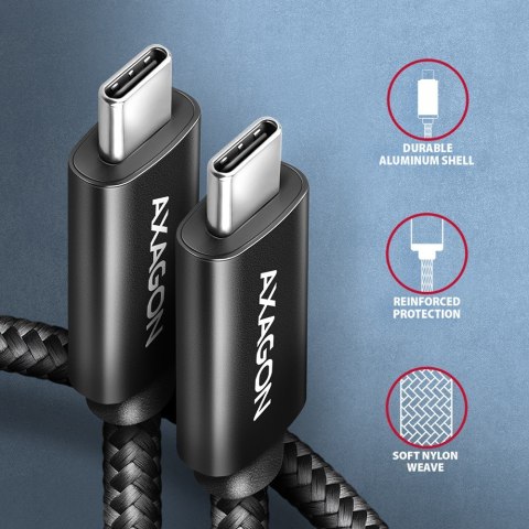 AXAGON BUCM2-CM10AB Kabel USB-C - USB-C 1 m, USB 2.0, ładowanie PD 240W/PPS/QC4+/AFC/FCP, E-Marker, aluminiowe wtyki, w oplocie, czarny