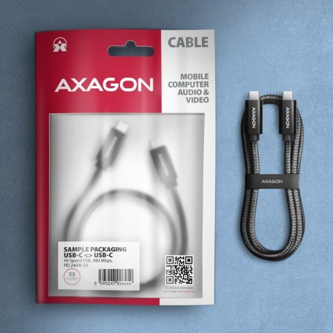 AXAGON BUCM2-CM10AB Kabel USB-C - USB-C 1 m, USB 2.0, ładowanie PD 240W/PPS/QC4+/AFC/FCP, E-Marker, aluminiowe wtyki, w oplocie, czarny